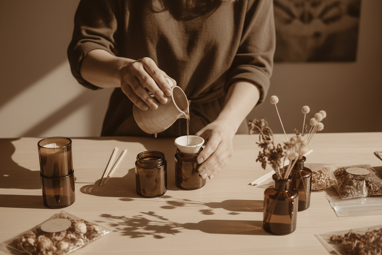 meno disordine. primo piano artigiana dove non si vede la testa, tavolo pulito con poche cose sopra